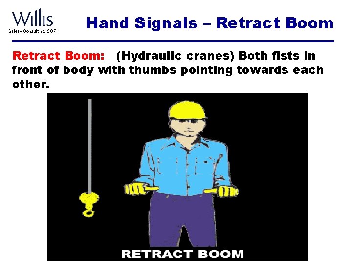 Safety Consulting, SOP Hand Signals – Retract Boom: (Hydraulic cranes) Both fists in front