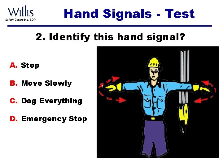 Safety Consulting, SOP Hand Signals - Test 2. Identify this hand signal? A. Stop