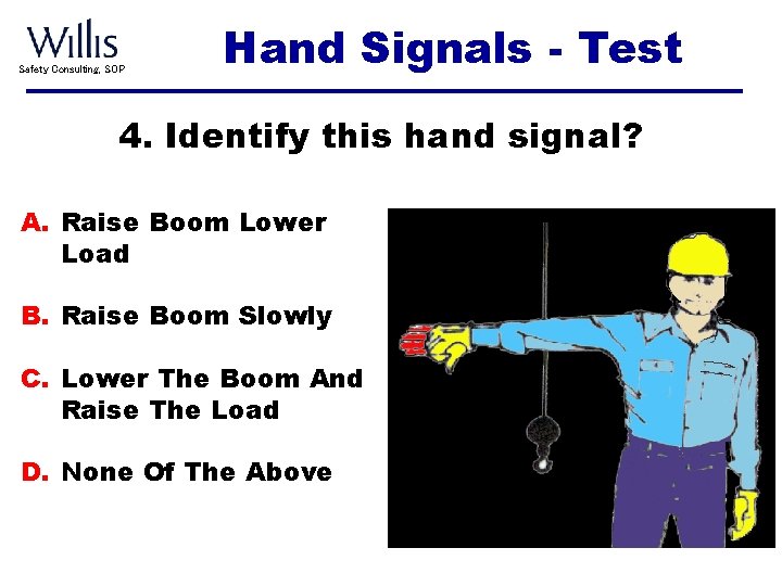 Safety Consulting, SOP Hand Signals - Test 4. Identify this hand signal? A. Raise