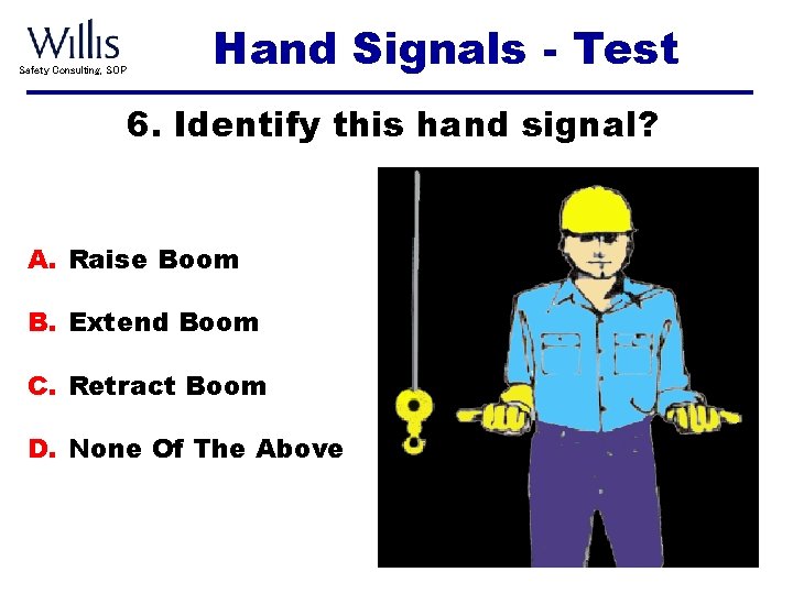 Safety Consulting, SOP Hand Signals - Test 6. Identify this hand signal? A. Raise