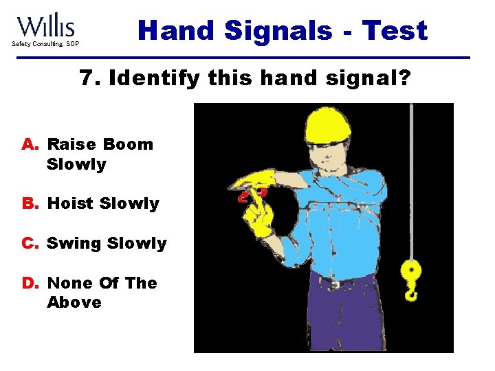 Safety Consulting, SOP Hand Signals - Test 7. Identify this hand signal? A. Raise