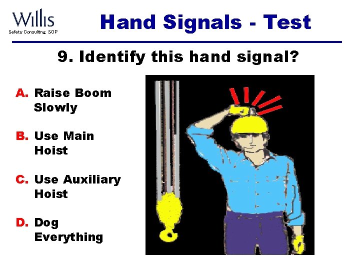 Safety Consulting, SOP Hand Signals - Test 9. Identify this hand signal? A. Raise