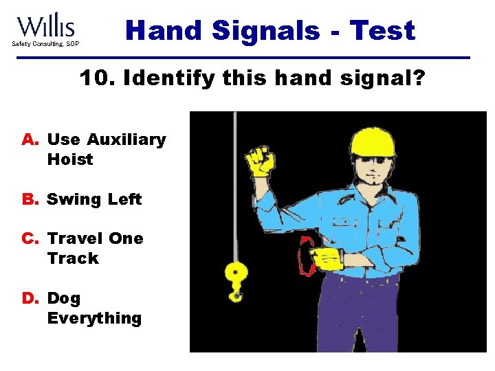 Safety Consulting, SOP Hand Signals - Test 10. Identify this hand signal? A. Use