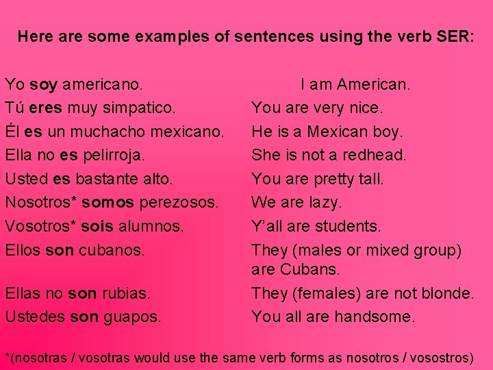 Here are some examples of sentences using the verb SER: Yo soy americano. Tú