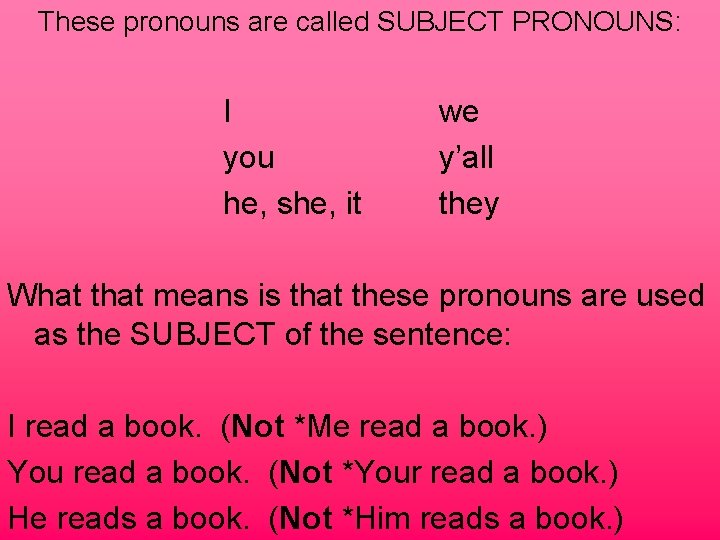 These pronouns are called SUBJECT PRONOUNS: I you he, she, it we y’all they