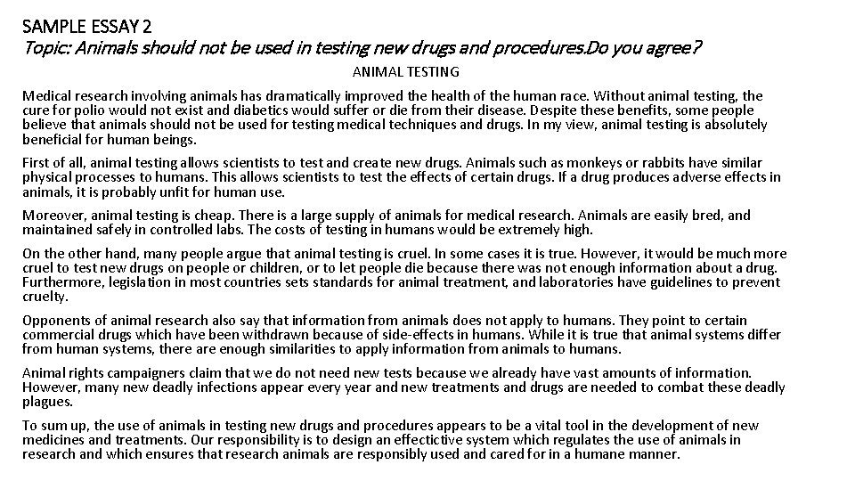 SAMPLE ESSAY 2 Topic: Animals should not be used in testing new drugs and