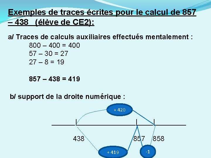 Exemples de traces écrites pour le calcul de 857 – 438 (élève de CE