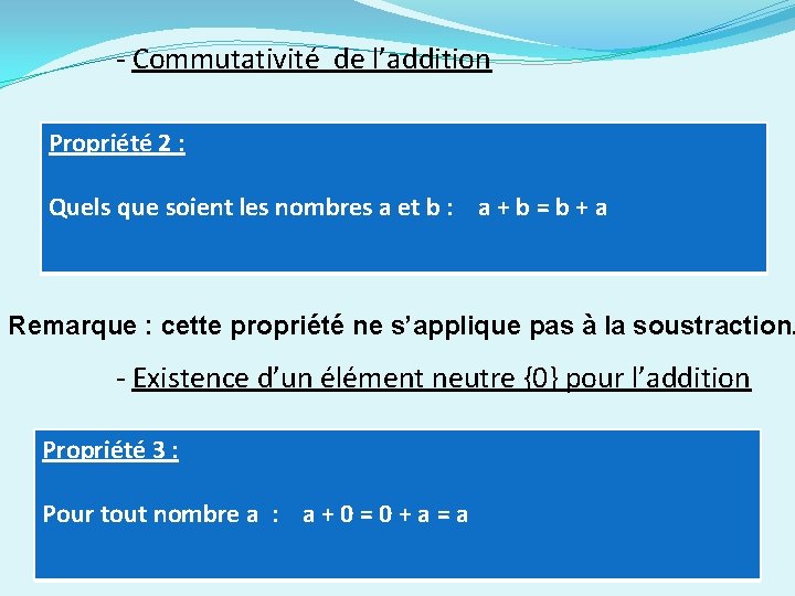 - Commutativité de l’addition Propriété 2 : Quels que soient les nombres a et