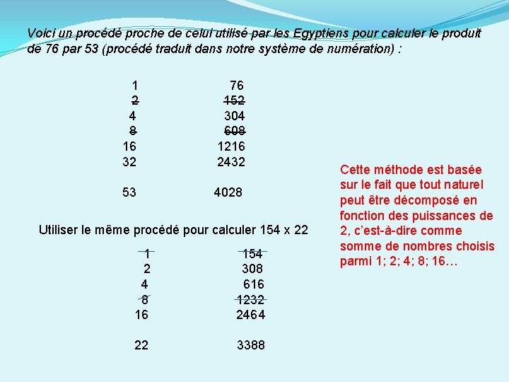 Voici un procédé proche de celui utilisé par les Egyptiens pour calculer le produit