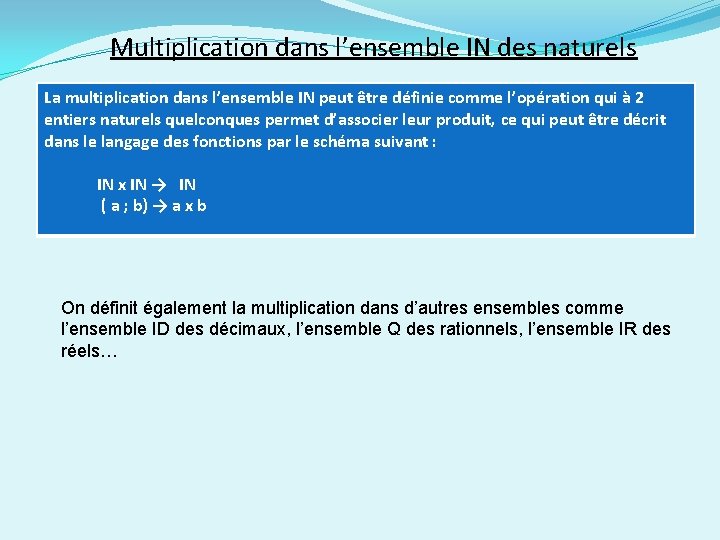 Multiplication dans l’ensemble IN des naturels La multiplication dans l’ensemble IN peut être définie