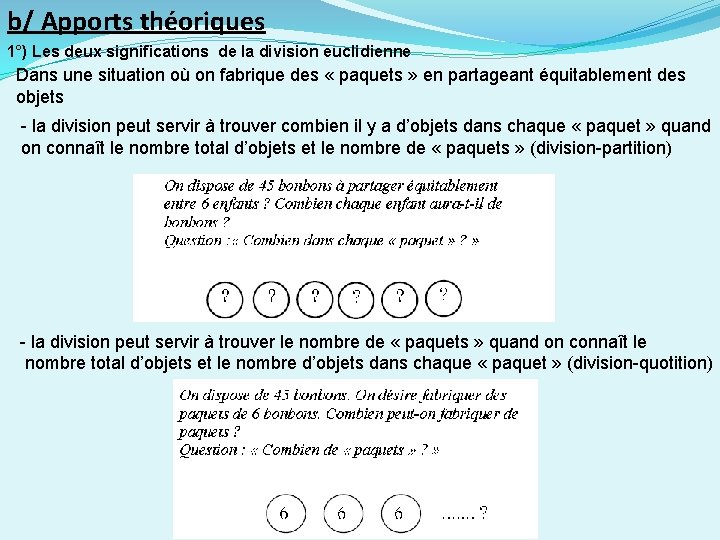 b/ Apports théoriques 1°) Les deux significations de la division euclidienne Dans une situation