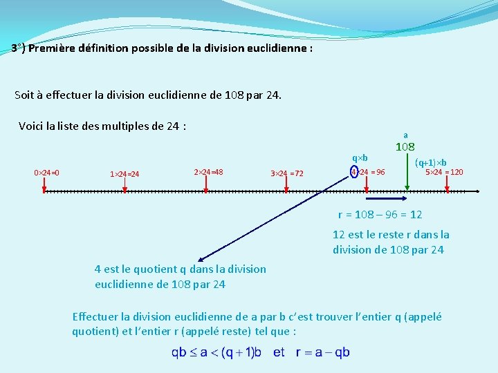 3°) Première définition possible de la division euclidienne : Soit à effectuer la division 3°) Première définition possible de la division euclidienne : Soit à effectuer la division