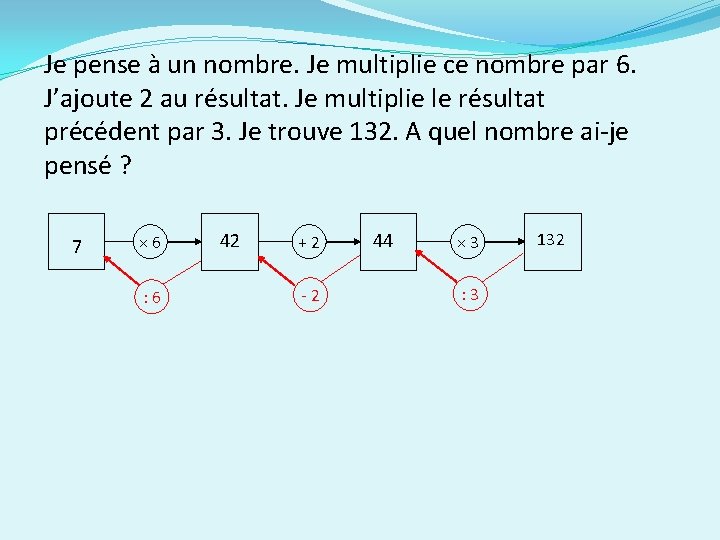 Je pense à un nombre. Je multiplie ce nombre par 6. J’ajoute 2 au Je pense à un nombre. Je multiplie ce nombre par 6. J’ajoute 2 au