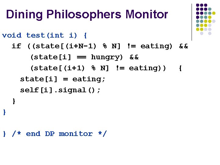 Dining Philosophers Monitor void test(int i) { if ((state[(i+N-1) % N] != eating) &&