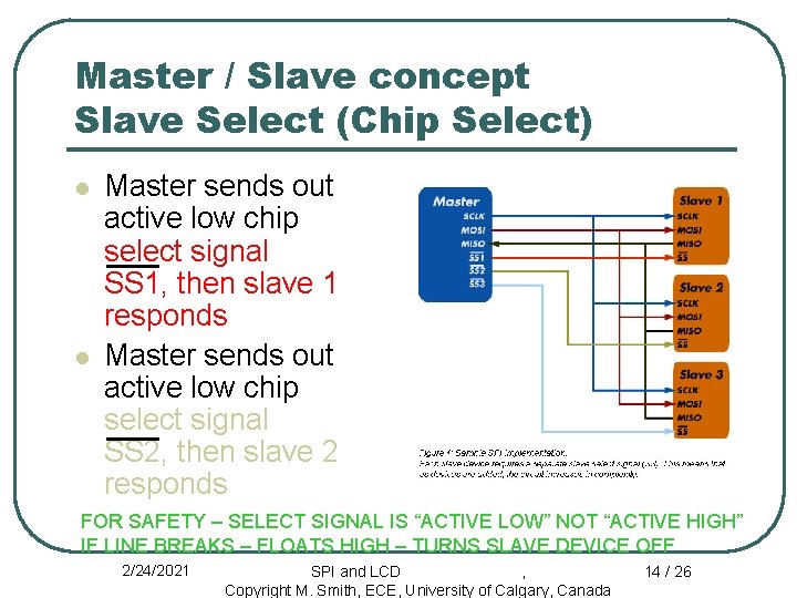 Master / Slave concept Slave Select (Chip Select) l l Master sends out active