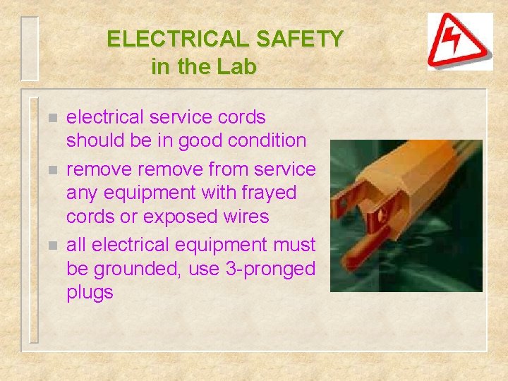 ELECTRICAL SAFETY in the Lab n n n electrical service cords should be in