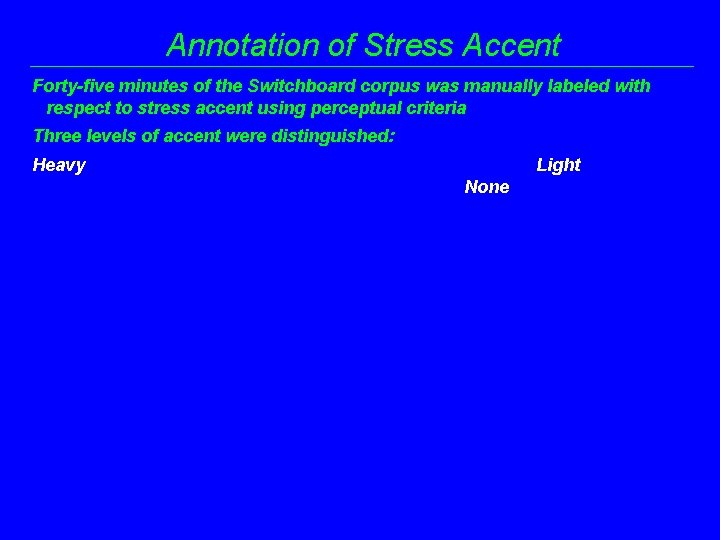 Annotation of Stress Accent Forty-five minutes of the Switchboard corpus was manually labeled with