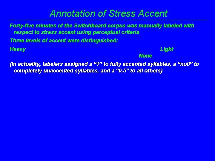 Annotation of Stress Accent Forty-five minutes of the Switchboard corpus was manually labeled with