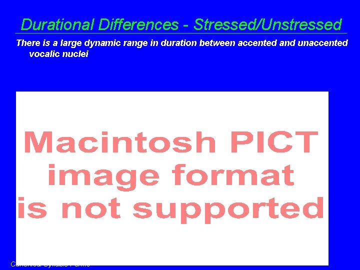 Durational Differences - Stressed/Unstressed There is a large dynamic range in duration between accented