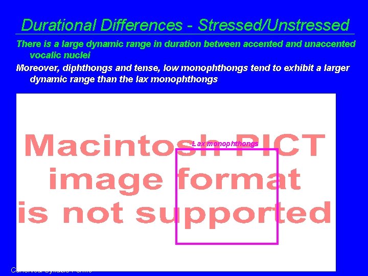 Durational Differences - Stressed/Unstressed There is a large dynamic range in duration between accented