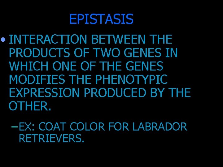 EPISTASIS • INTERACTION BETWEEN THE PRODUCTS OF TWO GENES IN WHICH ONE OF THE