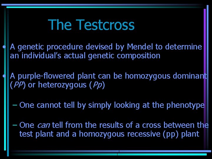 The Testcross • A genetic procedure devised by Mendel to determine an individual’s actual