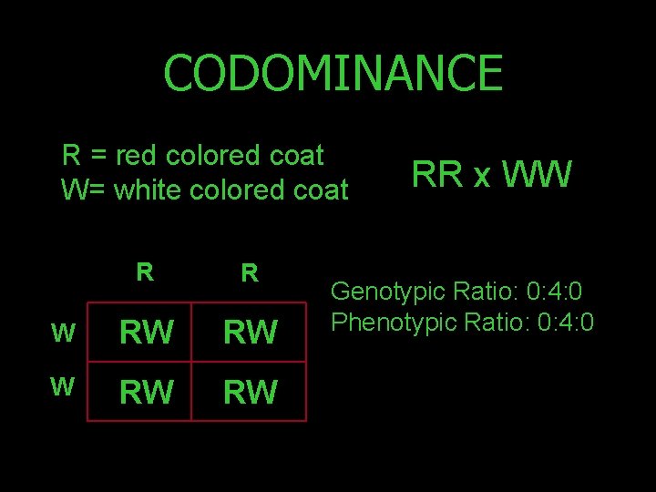 CODOMINANCE R = red colored coat W= white colored coat R R W RW