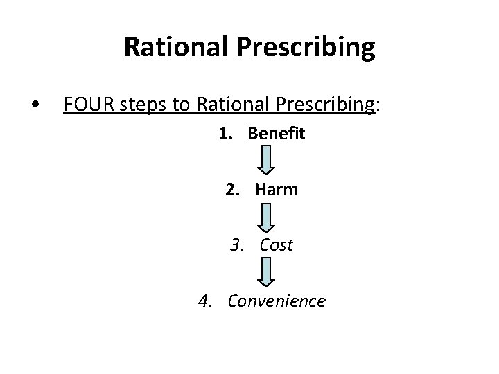 Rational Prescribing • FOUR steps to Rational Prescribing: 1. Benefit 2. Harm 3. Cost