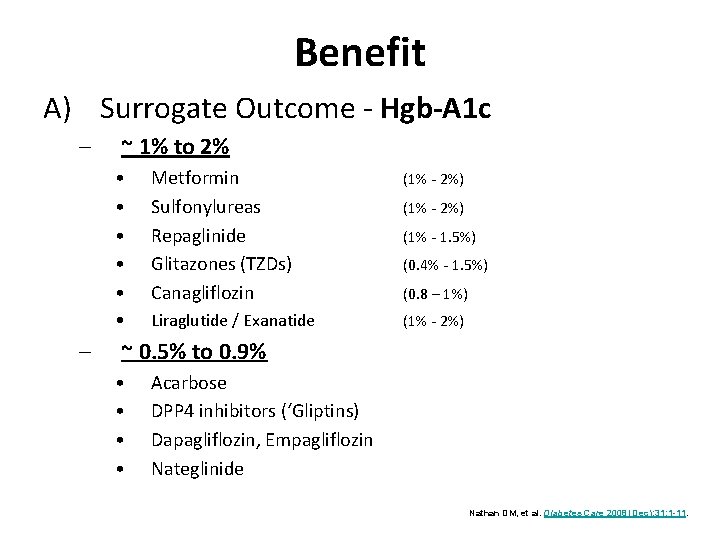 Benefit A) Surrogate Outcome - Hgb-A 1 c – – ~ 1% to 2%