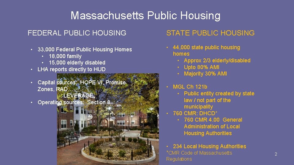 Massachusetts Public Housing FEDERAL PUBLIC HOUSING • 33, 000 Federal Public Housing Homes •