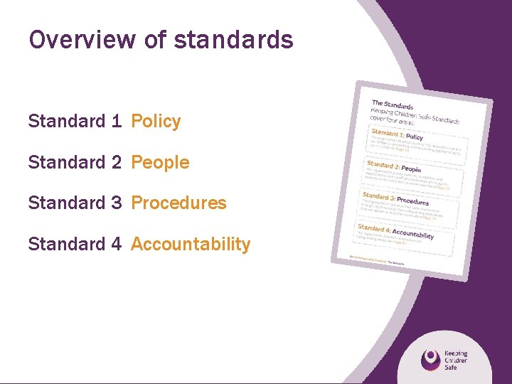 Overview of standards Standard 1 Policy Standard 2 People Standard 3 Procedures Standard 4