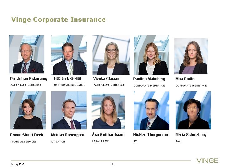 Vinge Corporate Insurance Per Johan Eckerberg Fabian Ekeblad Viveka Classon Paulina Malmberg Moa Bodin