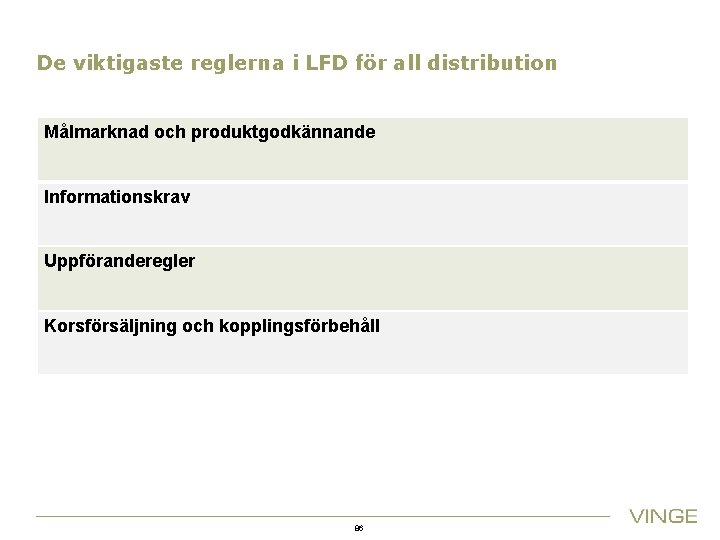 De viktigaste reglerna i LFD för all distribution Målmarknad och produktgodkännande Informationskrav Uppföranderegler Korsförsäljning