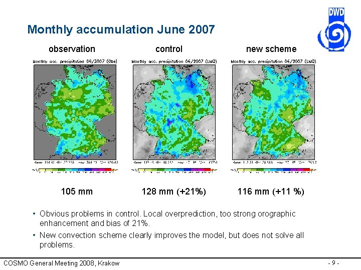 Monthly accumulation June 2007 observation 105 mm control 128 mm (+21%) new scheme 116