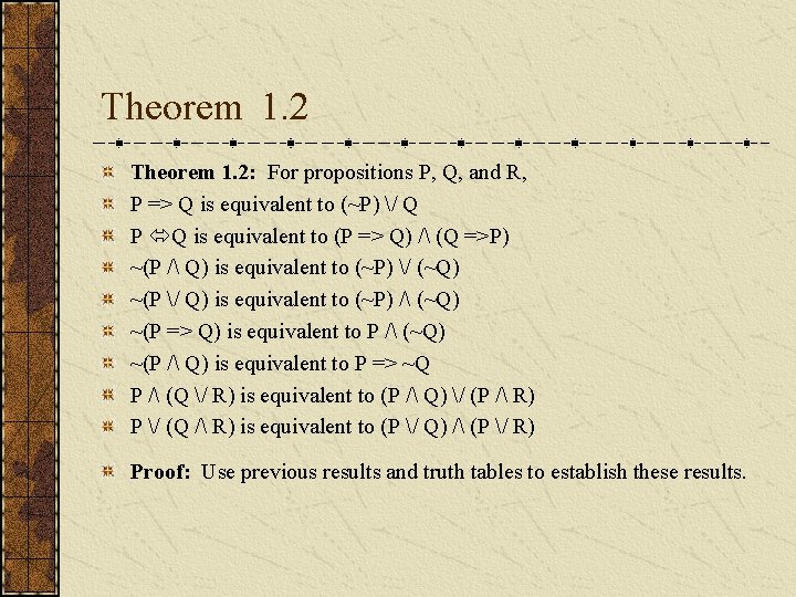 Theorem 1. 2: For propositions P, Q, and R, P => Q is equivalent