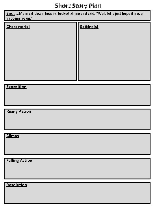 Short Story Plan End: . . . Mum sat down heavily, looked at me