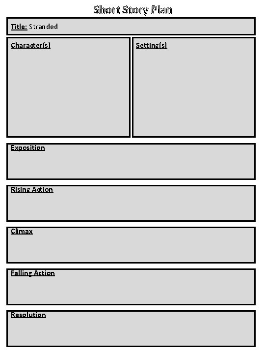 Short Story Plan Title: Stranded Character(s) Exposition Rising Action Climax Falling Action Resolution Setting(s)
