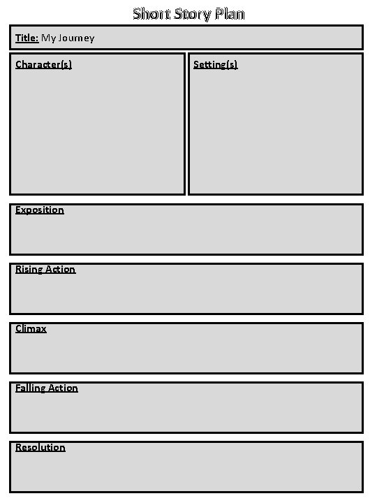 Short Story Plan Title: My Journey Character(s) Exposition Rising Action Climax Falling Action Resolution