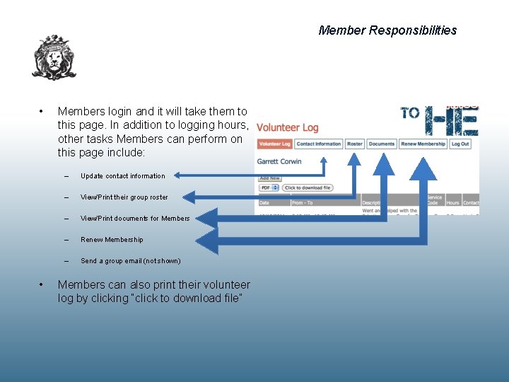 Member Responsibilities • • Members login and it will take them to this page.