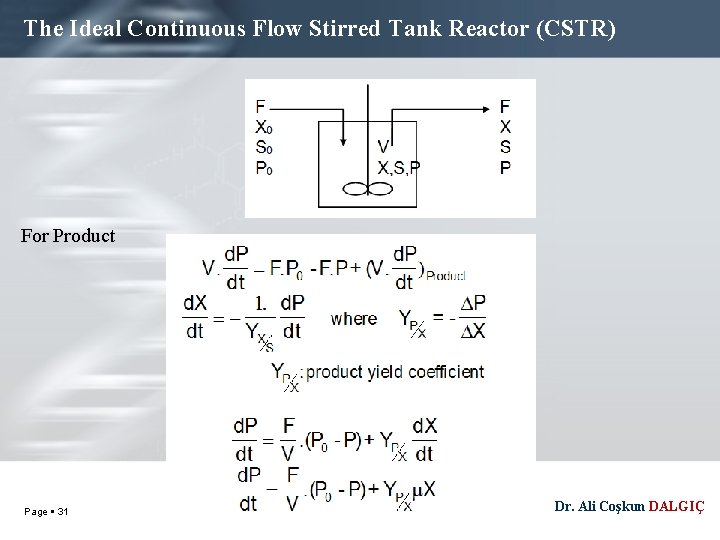 The Ideal Continuous Flow Stirred Tank Reactor (CSTR) For Product Page 31 Dr. Ali