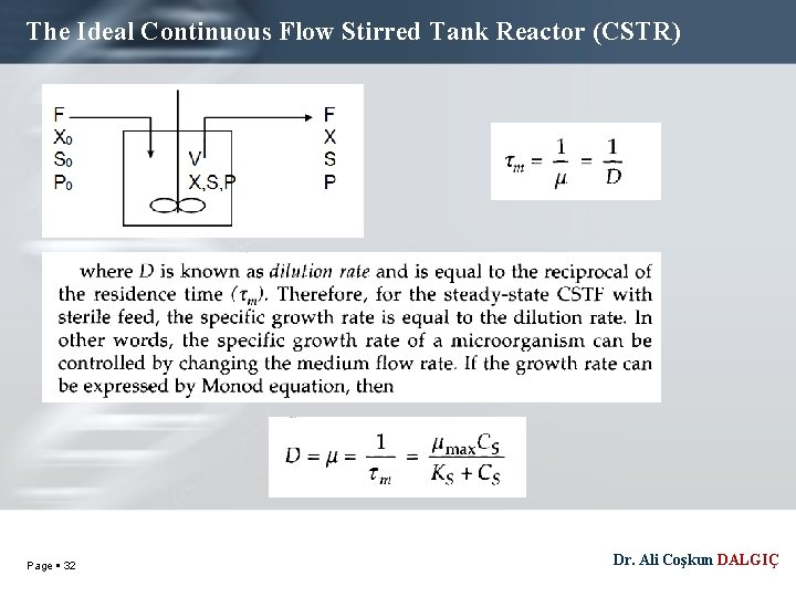 The Ideal Continuous Flow Stirred Tank Reactor (CSTR) Page 32 Dr. Ali Coşkun DALGIÇ