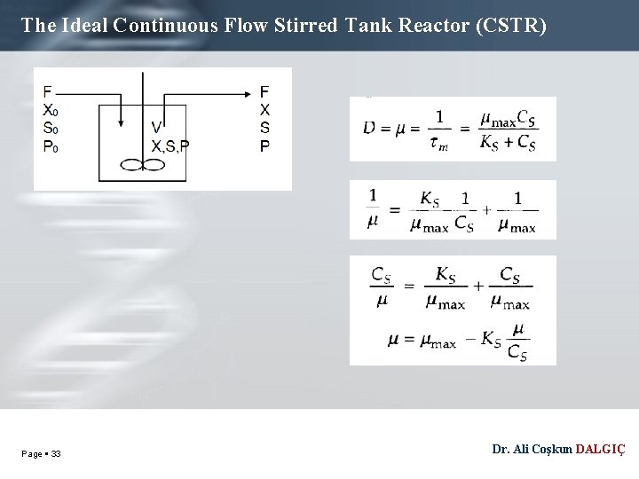 The Ideal Continuous Flow Stirred Tank Reactor (CSTR) Page 33 Dr. Ali Coşkun DALGIÇ