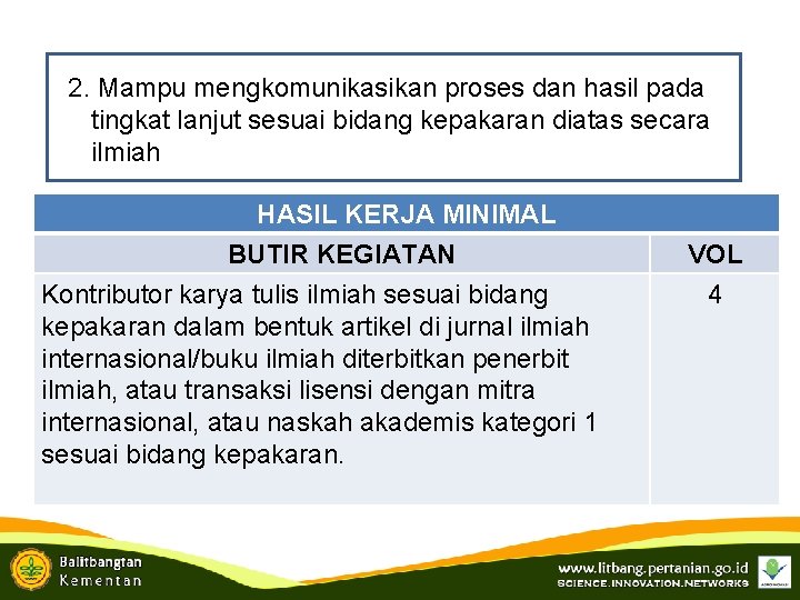 2. Mampu mengkomunikasikan proses dan hasil pada tingkat lanjut sesuai bidang kepakaran diatas secara