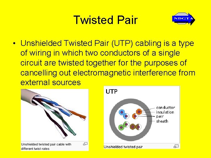 Twisted Pair • Unshielded Twisted Pair (UTP) cabling is a type of wiring in