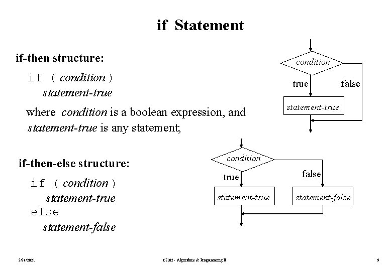 if Statement if-then structure: condition if ( condition ) statement-true where condition is a