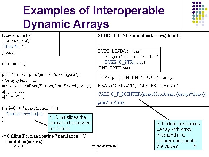 Examples of Interoperable Dynamic Arrays SUBROUTINE simulation(arrays) bind(c) typedef struct { int lenc, lenf;