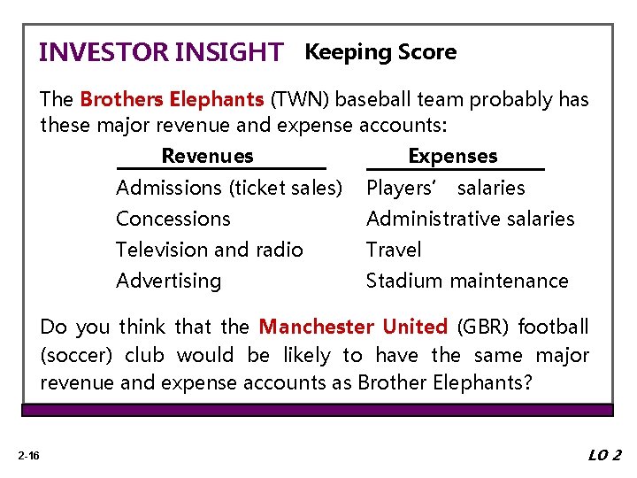 INVESTOR INSIGHT Keeping Score The Brothers Elephants (TWN) baseball team probably has these major