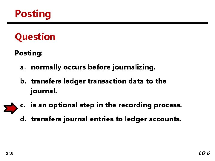 Posting Question Posting: a. normally occurs before journalizing. b. transfers ledger transaction data to