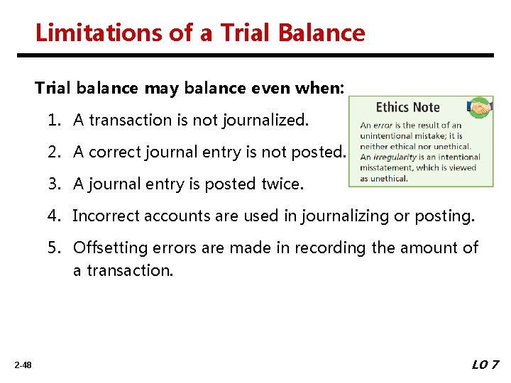 Limitations of a Trial Balance Trial balance may balance even when: 1. A transaction