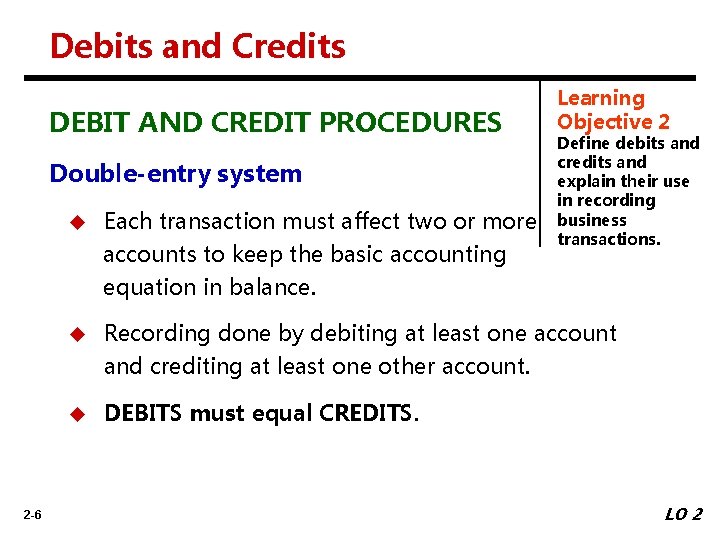 Debits and Credits DEBIT AND CREDIT PROCEDURES Double-entry system u Each transaction must affect